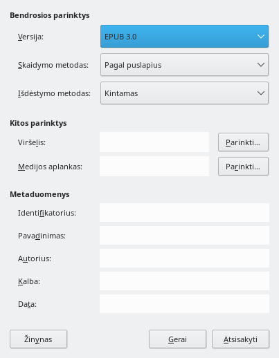 EPUB eksporto parinkčių lango nuotrauka