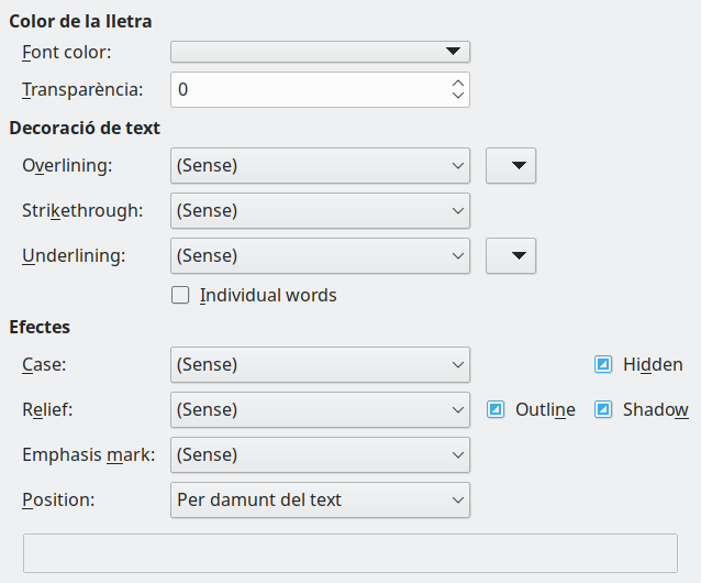Imatge del diàleg Pàgina d'efectes de lletra