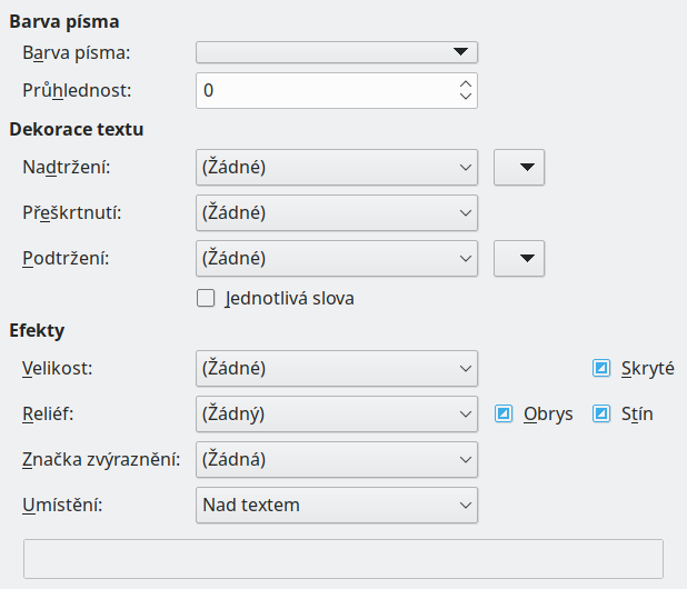 Obrázek dialogového okna Stránka Efekty písma