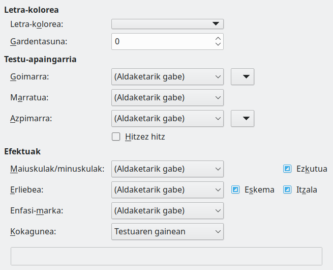 Letra-efektuen orrialdearen elkarrizketa-koadroaren irudia