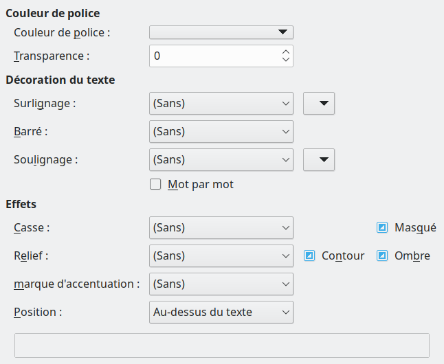 Image de l'onglet de la boîte de dialogue Effets de police