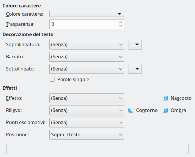 Immagine finestra di dialogo pagina degli Effetti carattere