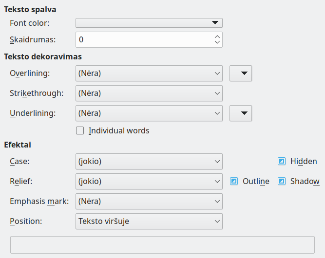 Rašmenų savybių lango nuotrauka