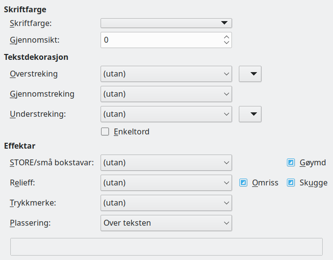Dialogvindauget for innstillingar for skrifteffektar