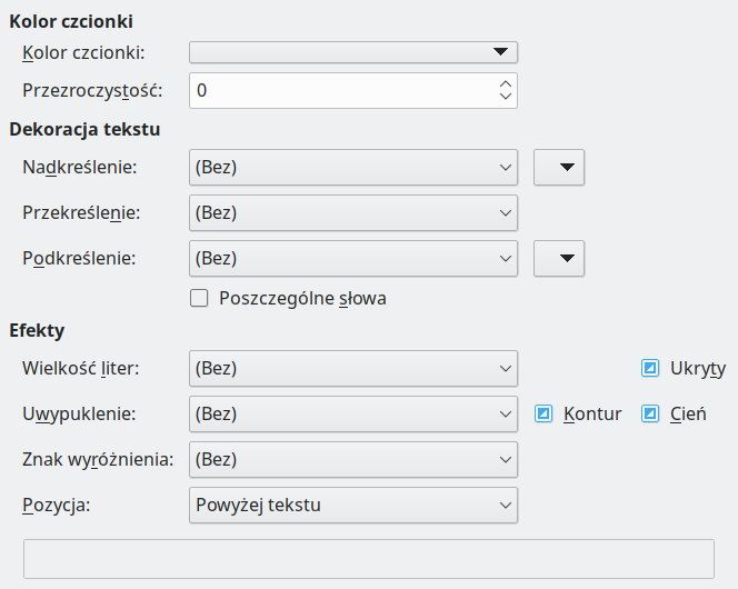 Obraz okna dialogowego efektów czcionki