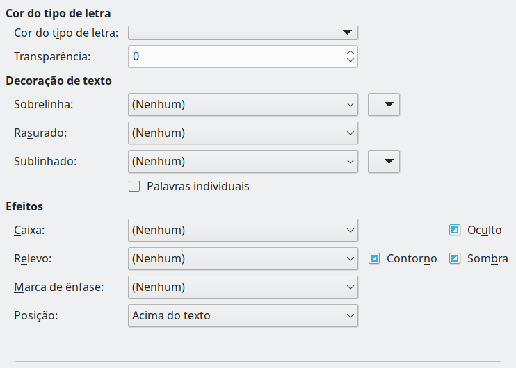 Imagem da caixa de diálogo Efeitos do tipo de letra