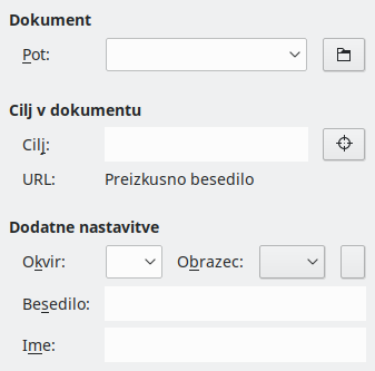 Slika zavihka pogovornega okna Hiperpovezava – Dokument