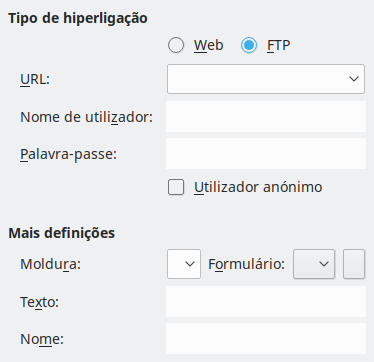 Imagem da opção Internet, caixa de diálogo Hiperligação