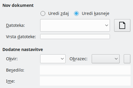 Slika pogovornega okna Hiperpovezava – Nov dokument