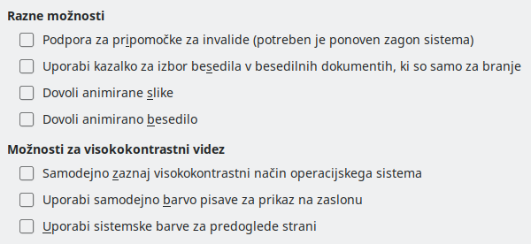 Pogovorno okno Nastavitve/Možnosti – Dostopnost