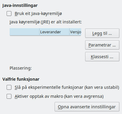 Dialogvindauget for avanserte innstillingar