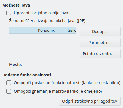 Slika pogovornega okna Nastavitve/Možnosti – Napredno