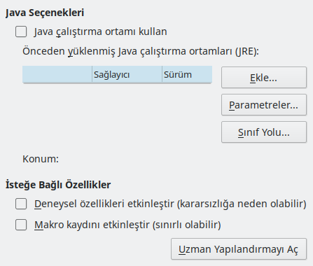 Seçenekler Gelişmiş Penceresi Resmi
