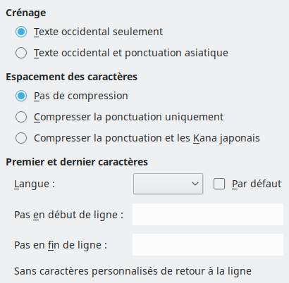 Image de la boîte de dialogue Options asiatiques
