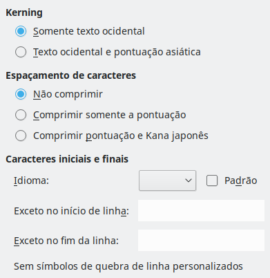 Imagem da caixa de diálogo Opções Asiático