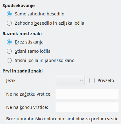 Slika pogovornega okna Nastavitve/Možnosti – Azijski jeziki