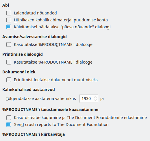 Ekraanipilt üldiste sätete dialoogist