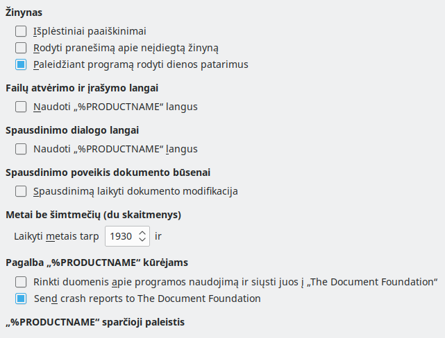 Bendrųjų parinkčių lango nuotrauka