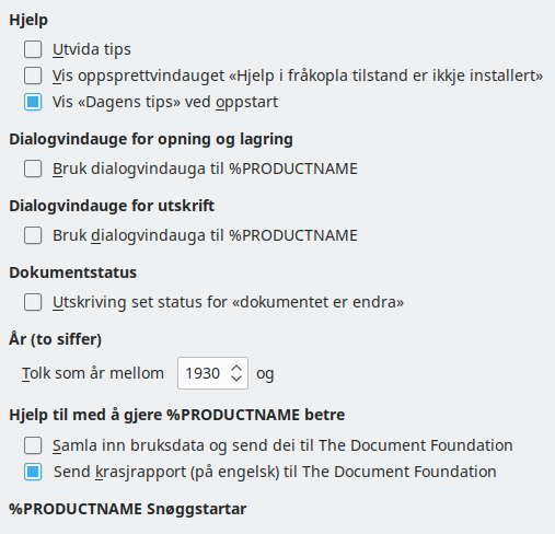 Dialogvindauget for generelle innstillingar