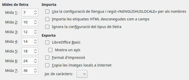 Imatge del diàleg d'opcions d'HTML