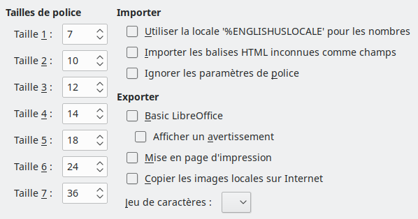 Image des options de la boîte de dialogue HTML
