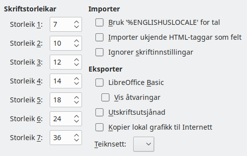 Dialogvindauget for HTML-innstillingar