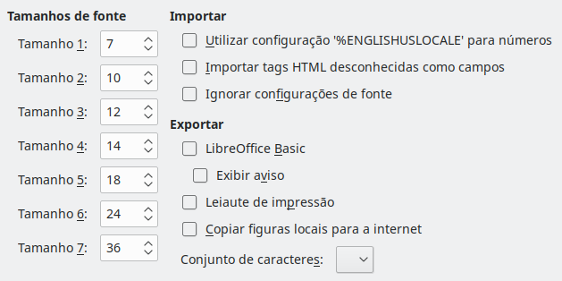 Imagem da caixa de diálogo Opções HTML