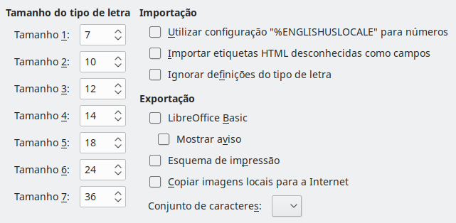 Imagem da caixa de diálogo Opções HTML