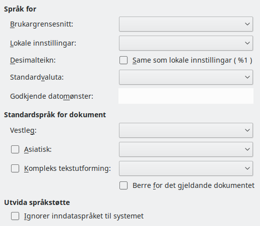 Dialogvindauget for språkinnstillingar