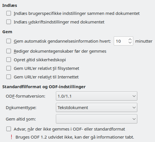 Billede af dialogen Indstillinger Gem