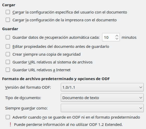 Imagen del cuadro de diálogo Opciones, sección Guardar