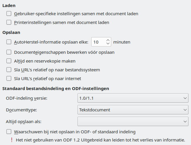 Afbeelding van dialoogvenster Opties - Lade/Opslaan - Algemeen