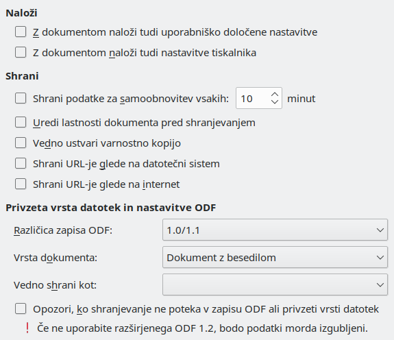 Slika pogovornega okna Nastavitve/Možnosti – Shranjevanje