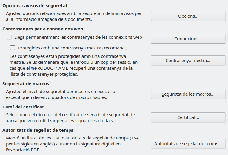 Imatge del diàleg d'opcions de seguretat