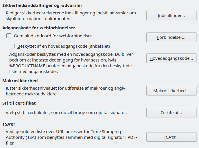 Billede af dialogen Indstillinger – Sikkerhed