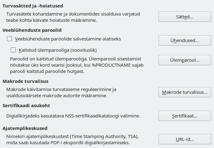 Ekraanipilt turvasätete dialoogist