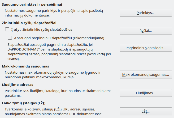Saugumo parinkčių lango nuotrauka