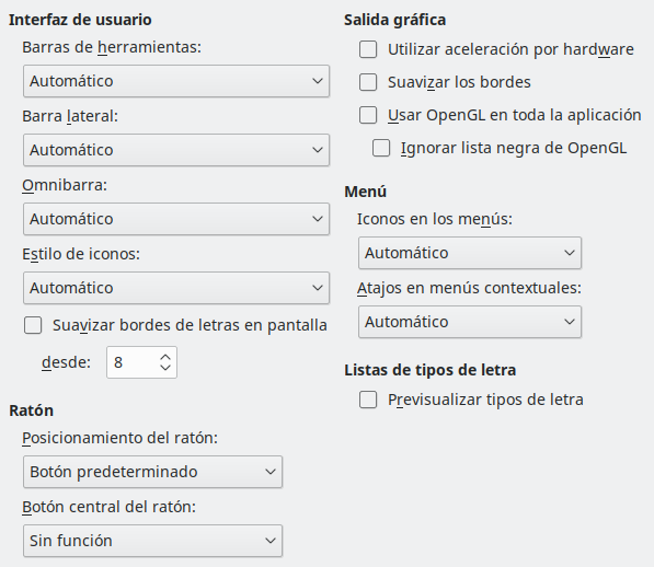 Imagen del cuadro de diálogo Opciones, sección Ver
