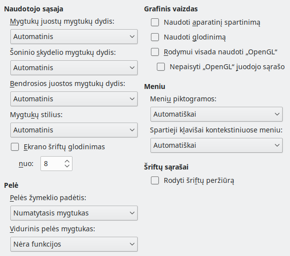 Rodymo parinkčių lango nuotrauka
