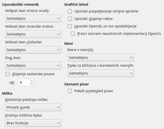 Slika pogovornega okna Nastavitve/Možnosti – Pogled