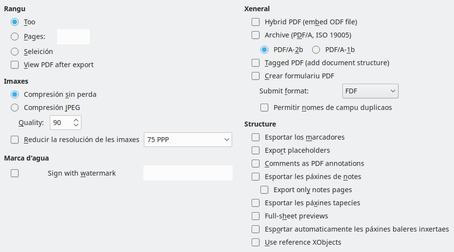 Imaxe del cuadru de diálogu d'Opciones xenerales d'esportación a PDF