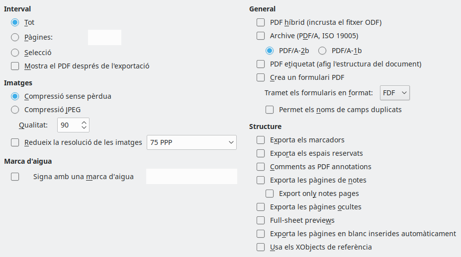 Imatge del diàleg d'opcions generals d'exportació a PDF
