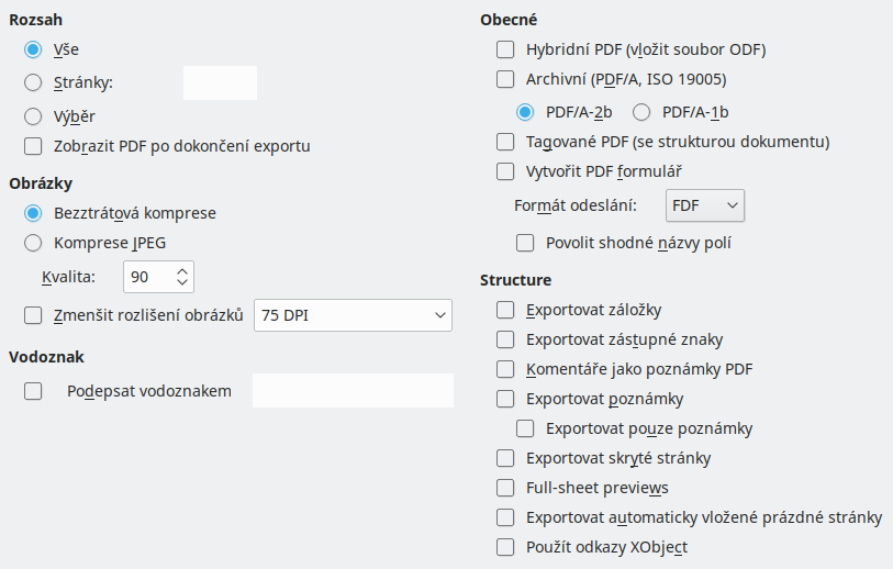 Obrázek dialogového okna Obecné možnosti exportu PDF