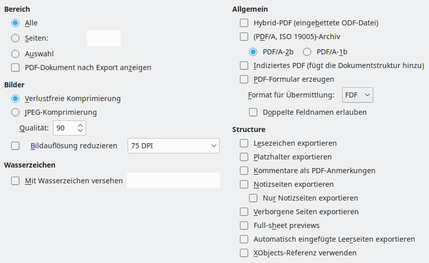 Bild des Export-Dialogs PDF-Optionen – Allgemein