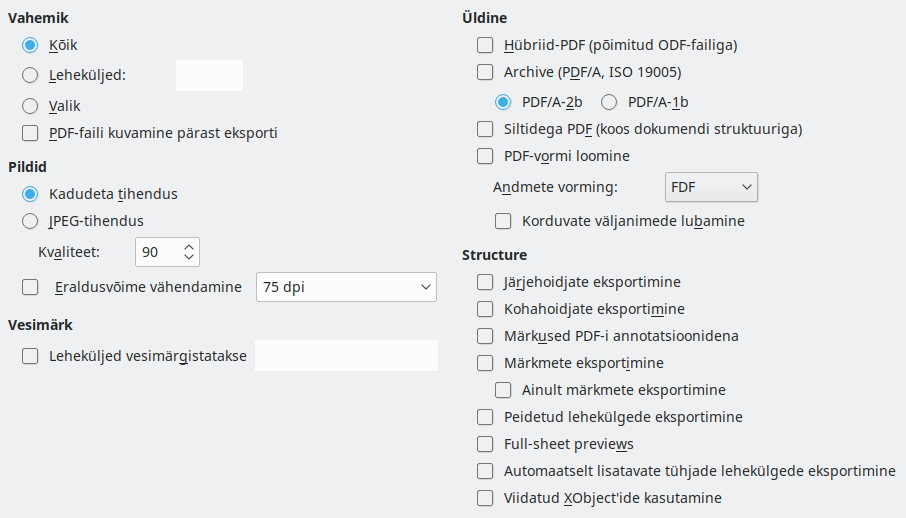 Ekraanipilt PDF-i ekspordi üldistest sätetest