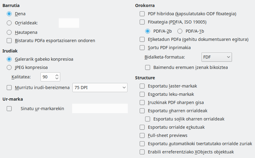 PDF esportazioaren aukera orokorren elkarrizketa-koadroaren irudia