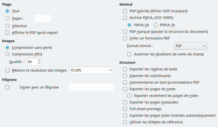 Image de la boîte de dialogue des options générales de l'export PDF