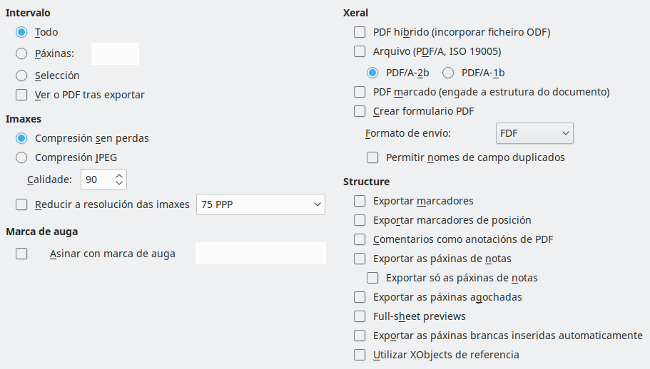 Imaxe da caixa de diálogo de opcións xerais de exportación a PDF