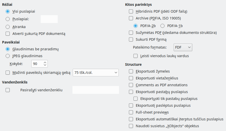 PDF eksporto pagrindinių parinkčių lango nuotrauka
