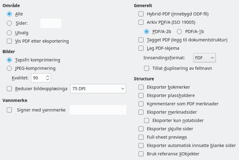 PDF-eksport Generelle alternativer, Dialog